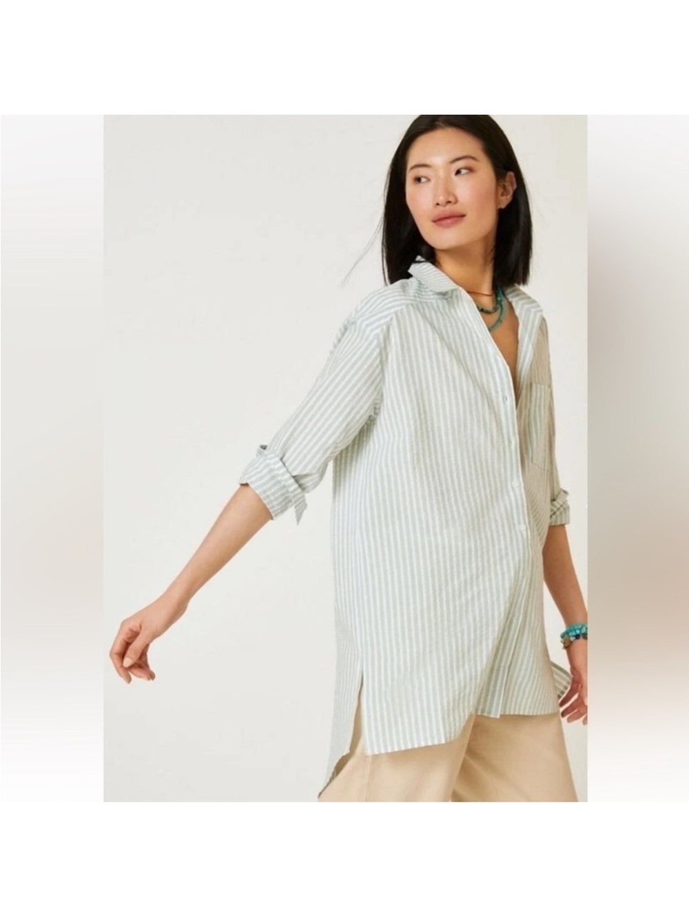 Anthropologie Sage Green Stripe Button-Down Shirt